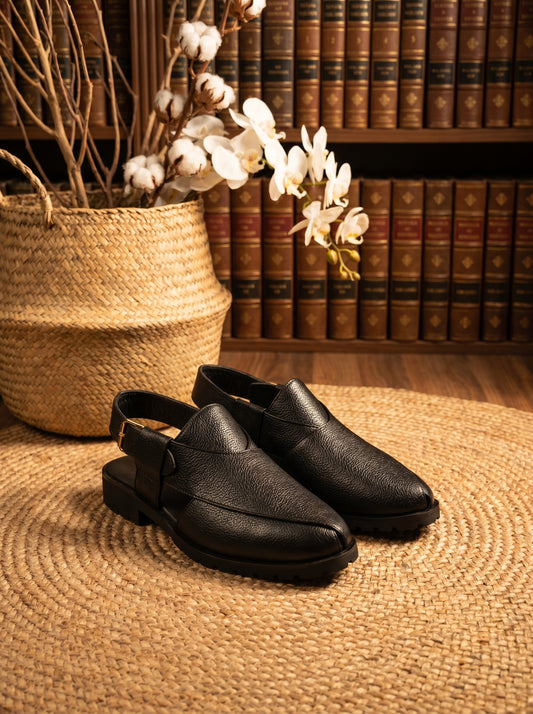 Premium Black Leather Peshawari Chappal